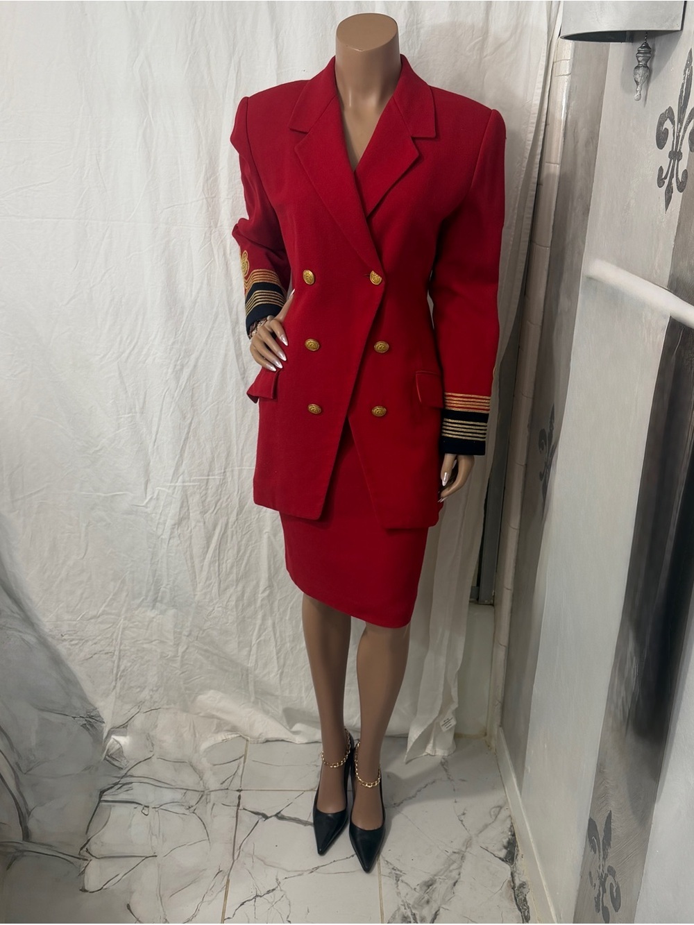 Womens Red Double-Breasted Blazer with Gold Button & Trim☑️ - Picture 2 of 15